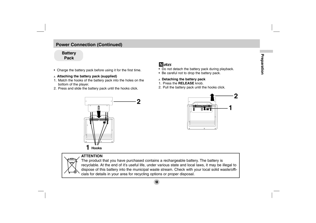 LG Electronics DP170 owner manual Battery Pack, Attaching the battery pack supplied, Hooks 