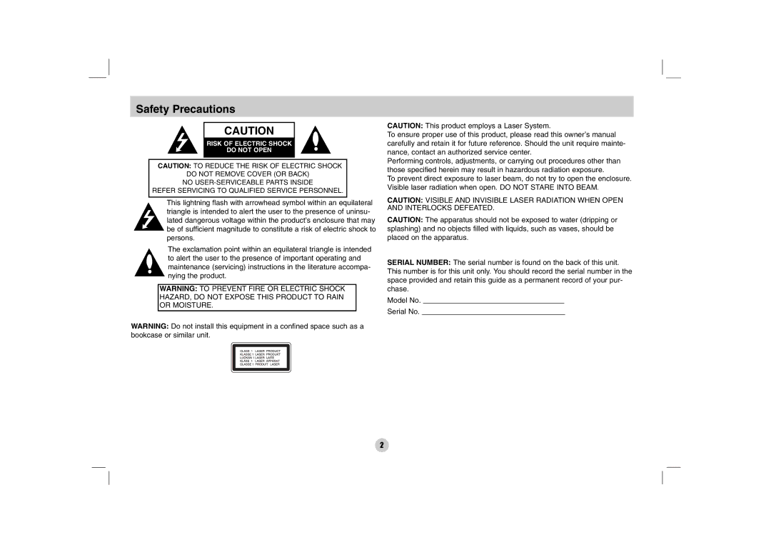 LG Electronics DP170 owner manual Safety Precautions 