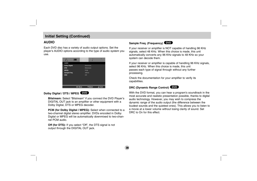 LG Electronics DP170 owner manual Dolby Digital / DTS / Mpeg DVD, Sample Freq. Frequency DVD, DRC Dynamic Range Control DVD 