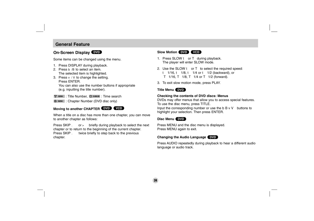 LG Electronics DP170 owner manual General Feature, On-Screen Display DVD 