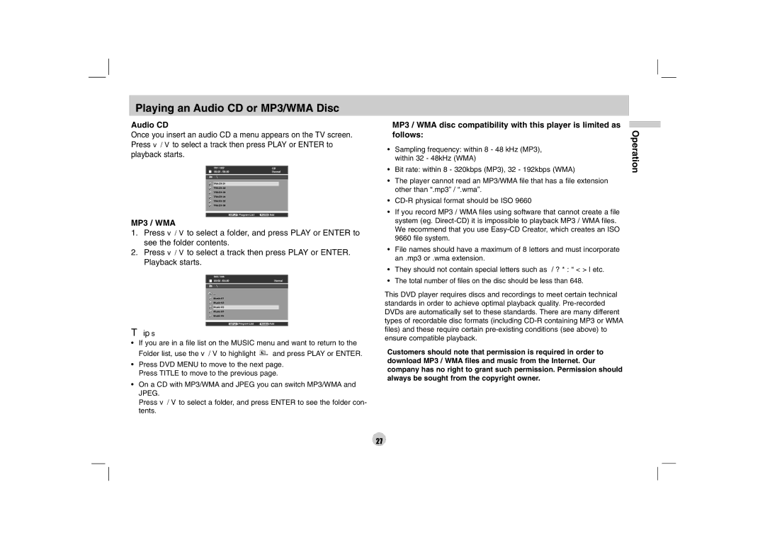 LG Electronics DP170 owner manual Playing an Audio CD or MP3/WMA Disc 