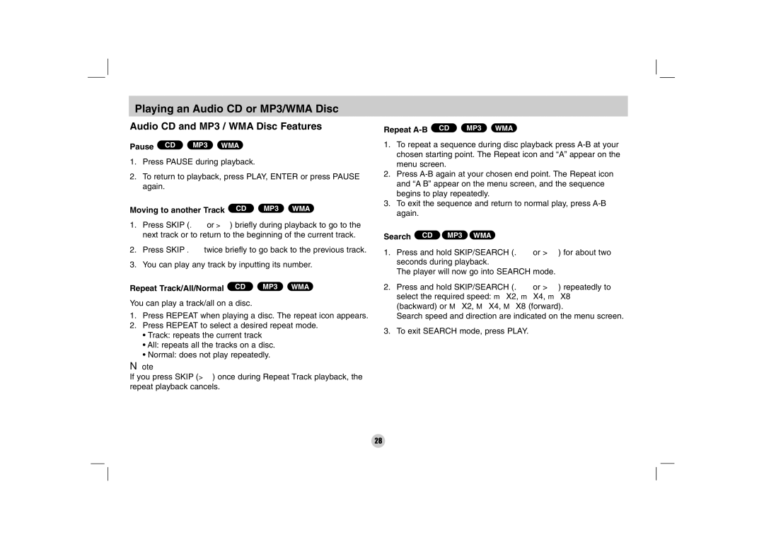 LG Electronics DP170 Audio CD and MP3 / WMA Disc Features, Moving to another Track CD MP3 WMA, Repeat A-B CD MP3 WMA 