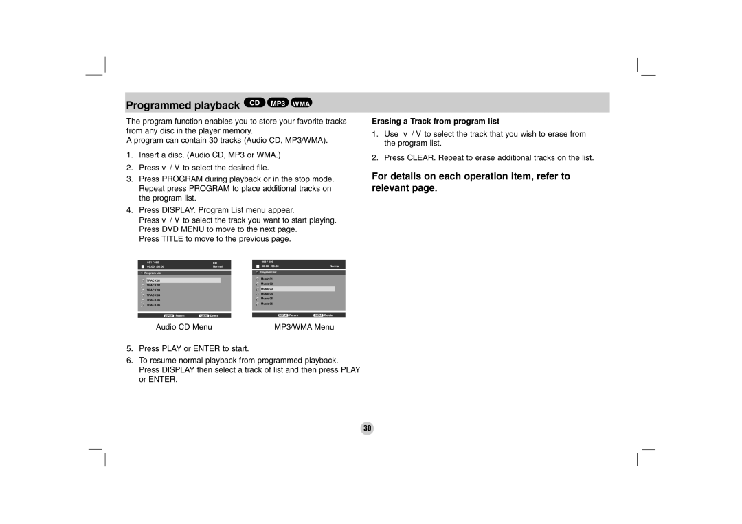 LG Electronics DP170 owner manual Programmed playback CD MP3 WMA, For details on each operation item, refer to relevant 