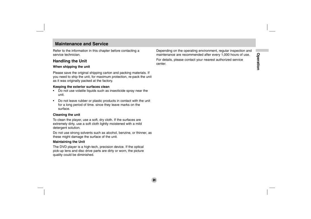 LG Electronics DP170 owner manual Maintenance and Service, Handling the Unit 