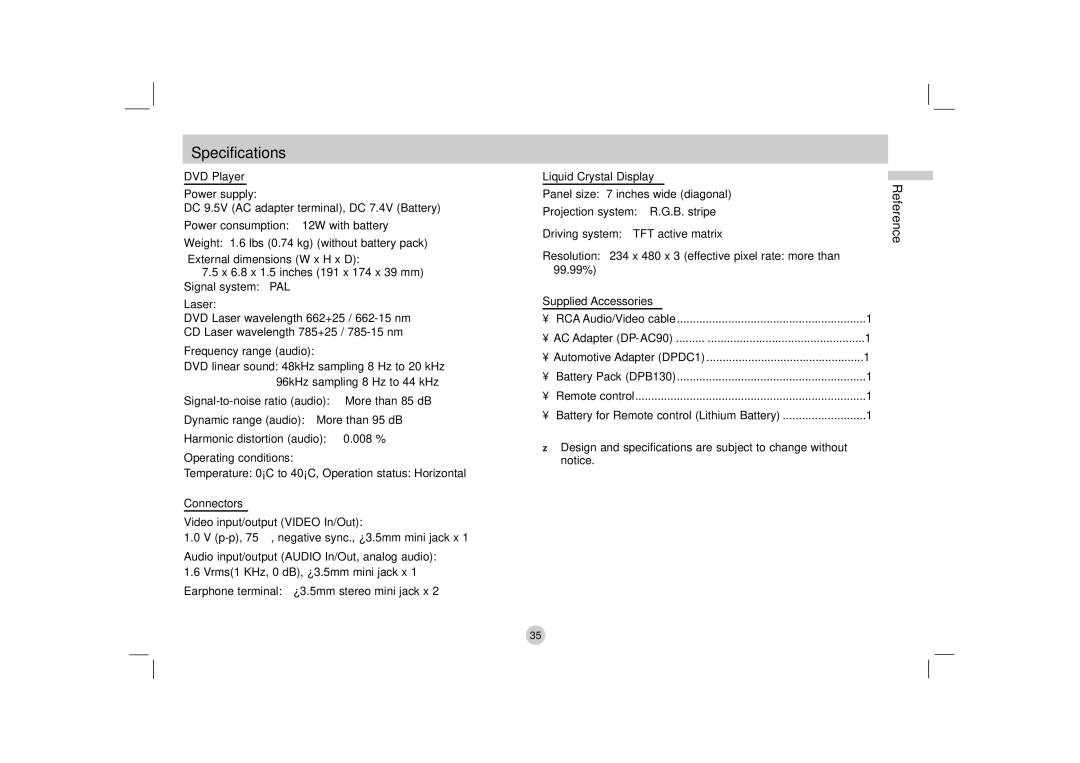 LG Electronics DP170 owner manual Specifications 