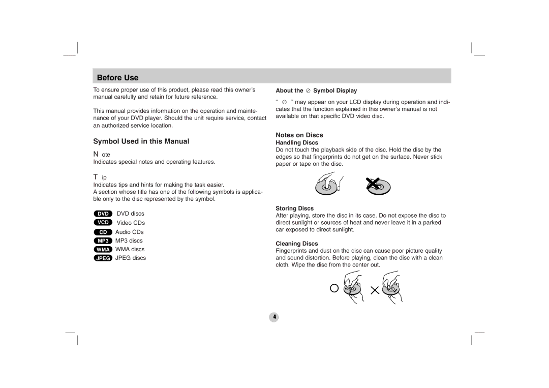 LG Electronics DP170 Before Use, Symbol Used in this Manual, About the Symbol Display Handling Discs, Storing Discs 