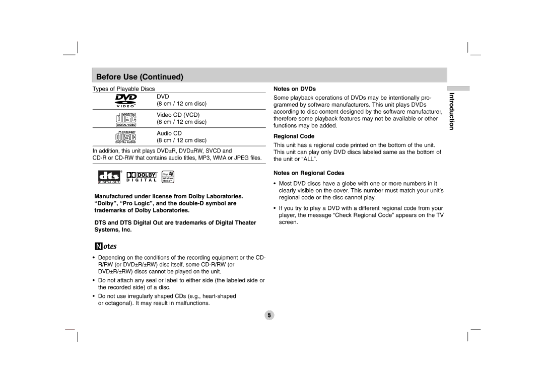 LG Electronics DP170 owner manual Dvd, Regional Code 