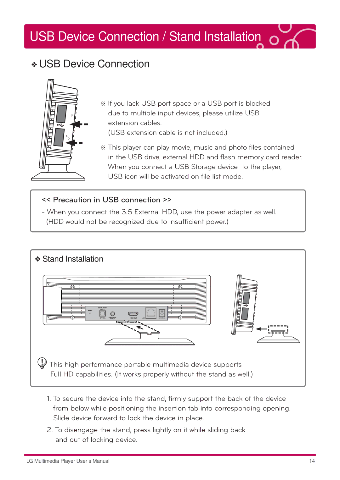 LG Electronics DP1B, DP1W user manual USB Device Connection, Stand Installation 