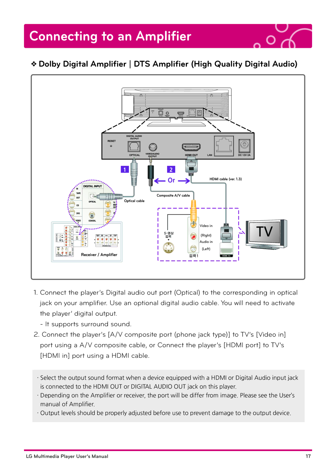 LG Electronics DP1W, DP1B user manual Connecting to an Amplifier 