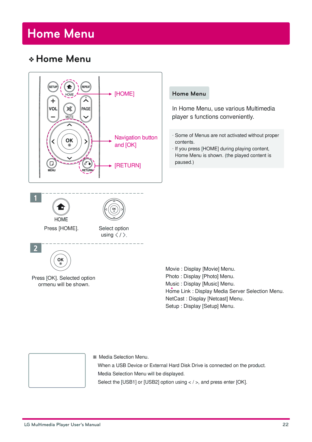 LG Electronics DP1B, DP1W user manual Home Menu 