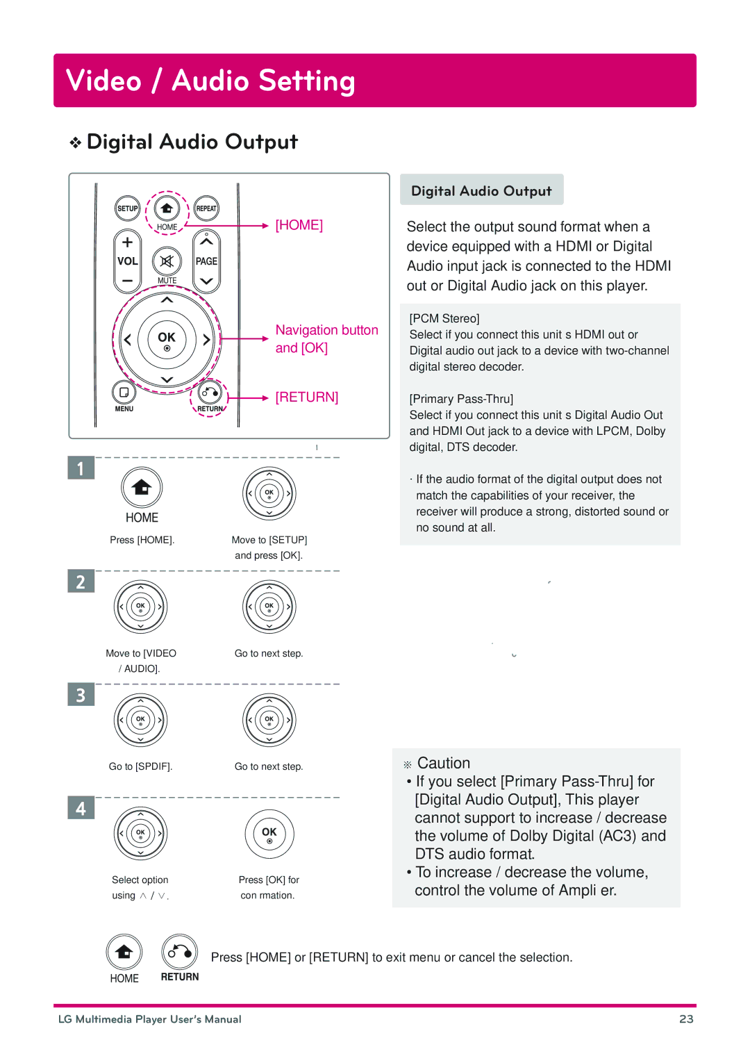 LG Electronics DP1W, DP1B user manual Video / Audio Setting, Digital Audio Output, ※ Caution 