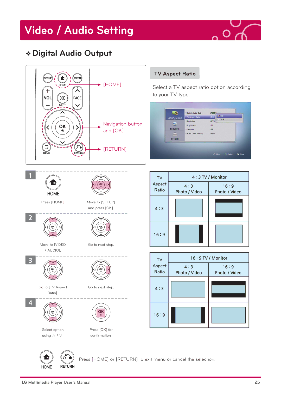 LG Electronics DP1W, DP1B user manual TV Aspect Ratio, Select a TV aspect ratio option according to your TV type 