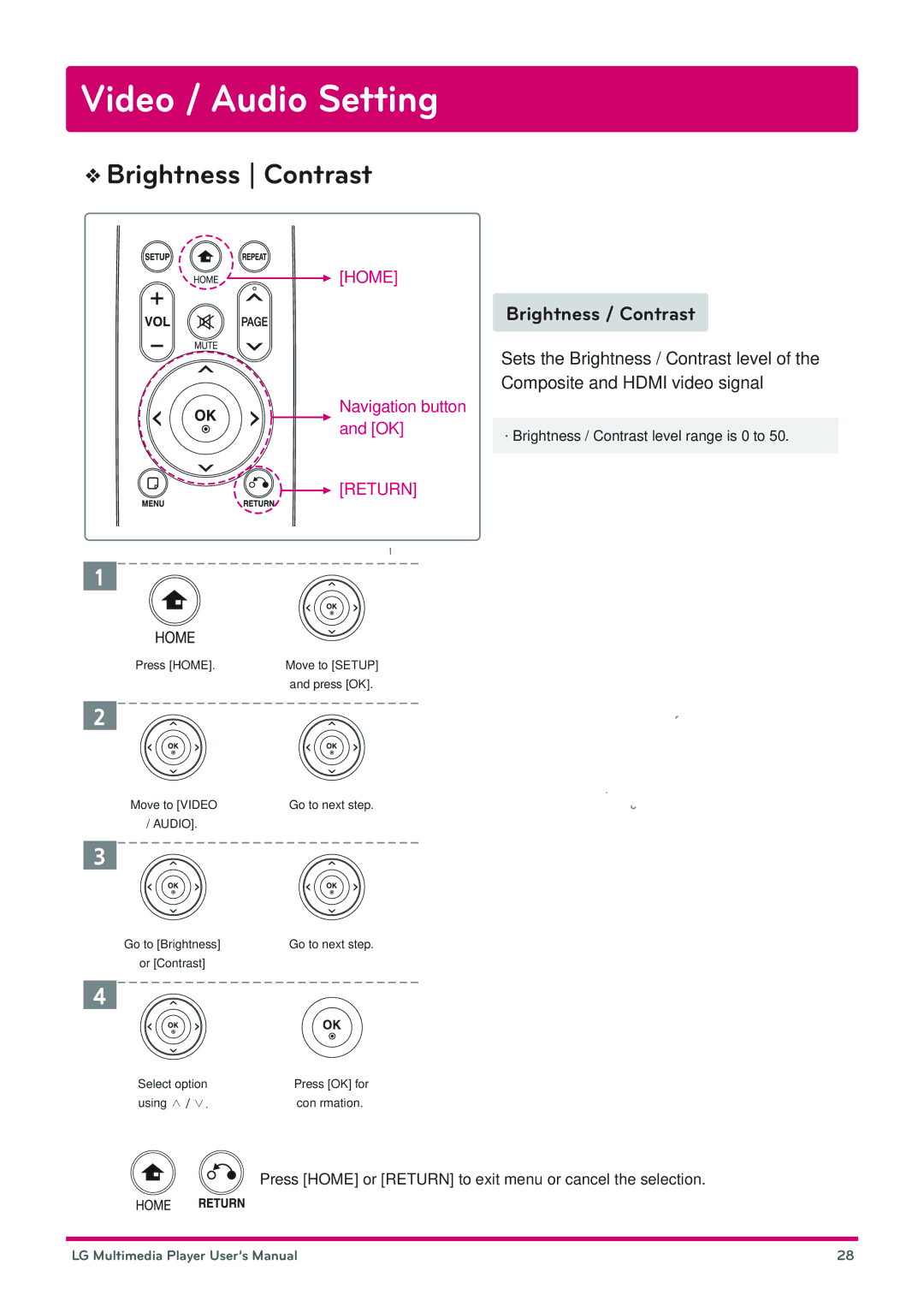 LG Electronics DP1B, DP1W user manual Brightness Contrast, Brightness / Contrast 