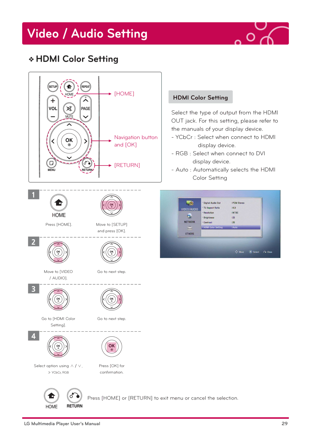 LG Electronics DP1W, DP1B user manual Hdmi Color Setting 