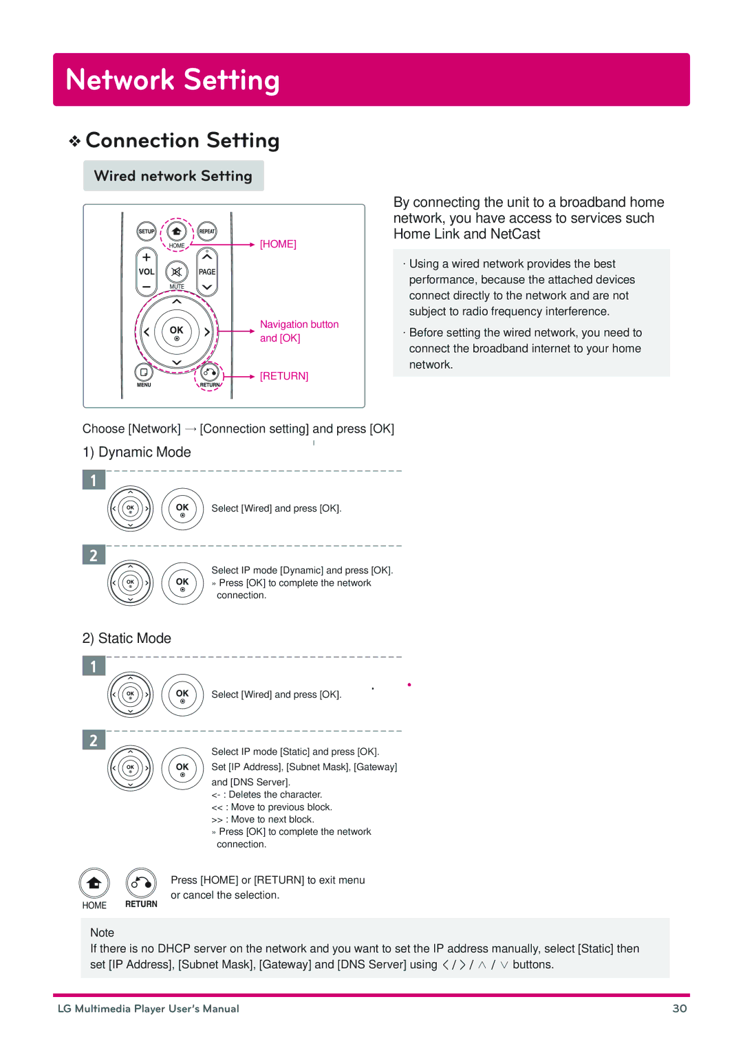 LG Electronics DP1B, DP1W user manual Network Setting, Connection Setting, Wired network Setting, Dynamic Mode, Static Mode 