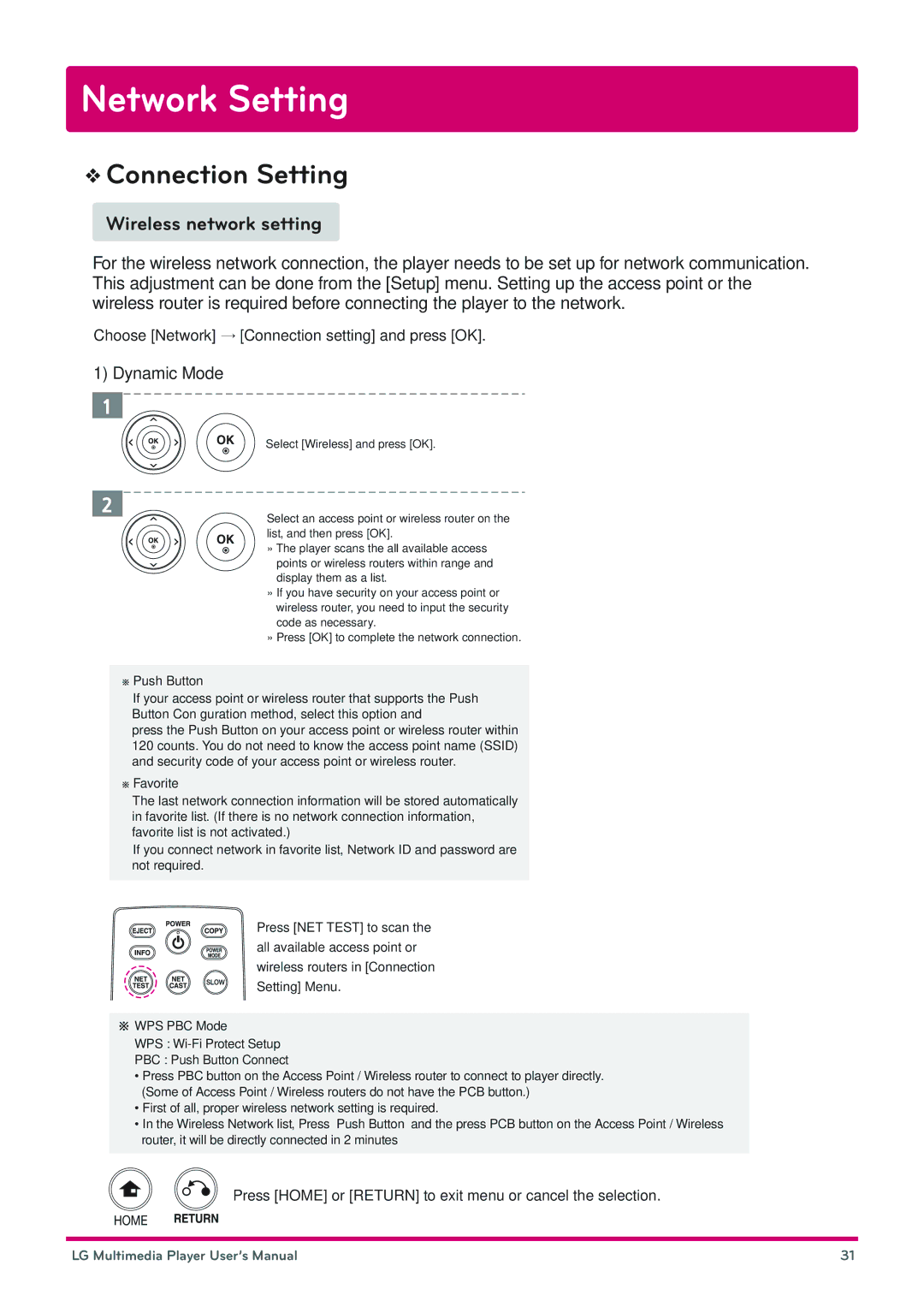 LG Electronics DP1W, DP1B user manual Wireless network setting 