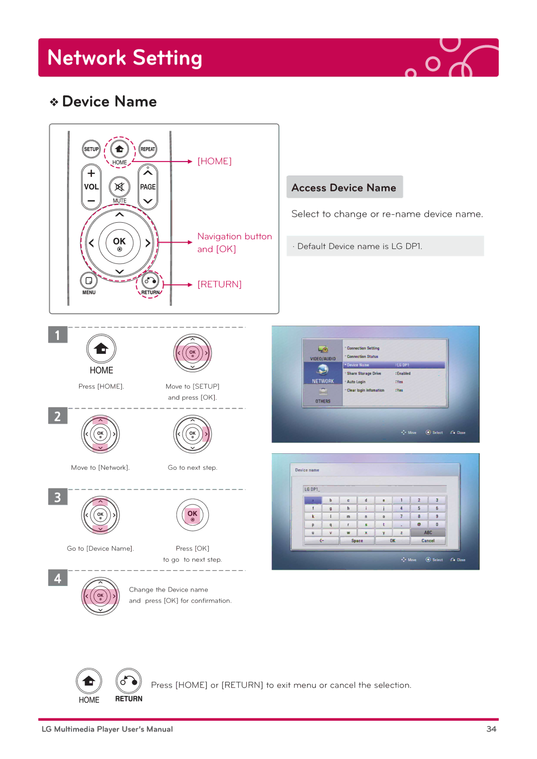 LG Electronics DP1B, DP1W user manual Access Device Name, Select to change or re-name device name 