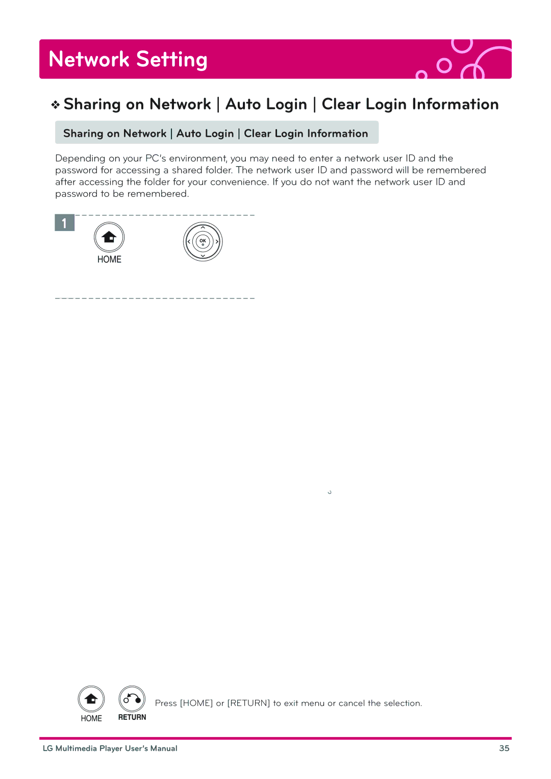 LG Electronics DP1W, DP1B user manual Sharing on Network Auto Login Clear Login Information, Disclaimer Notice 