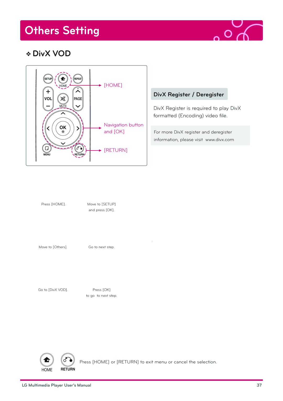 LG Electronics DP1W, DP1B user manual DivX VOD, DivX Register / Deregister 