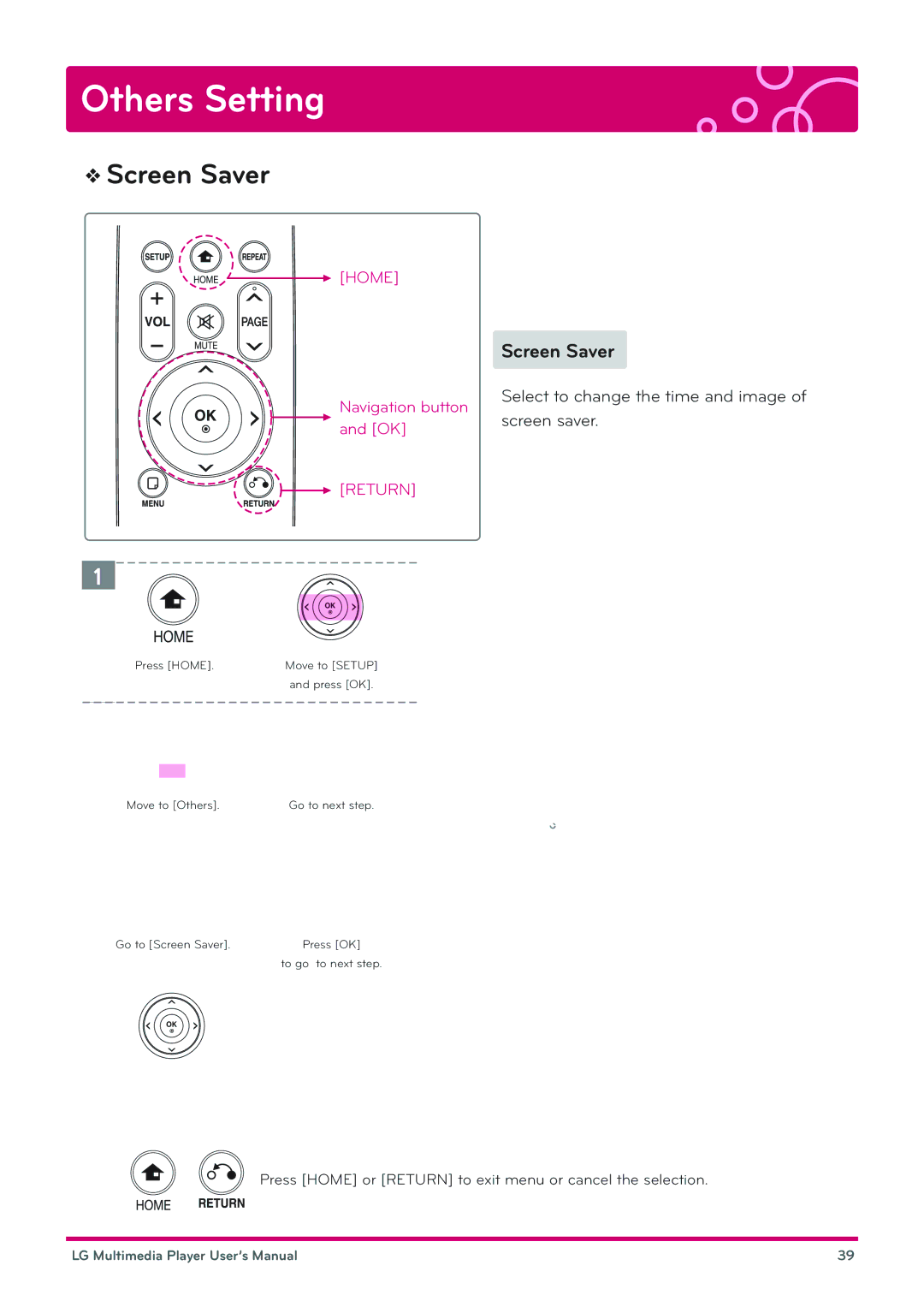 LG Electronics DP1W, DP1B user manual Screen Saver, Select to change the time and image of screen saver 