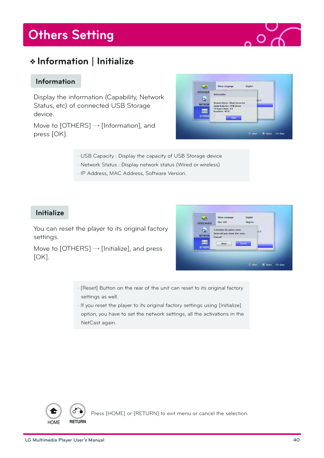 LG Electronics DP1B, DP1W user manual Information Initialize 