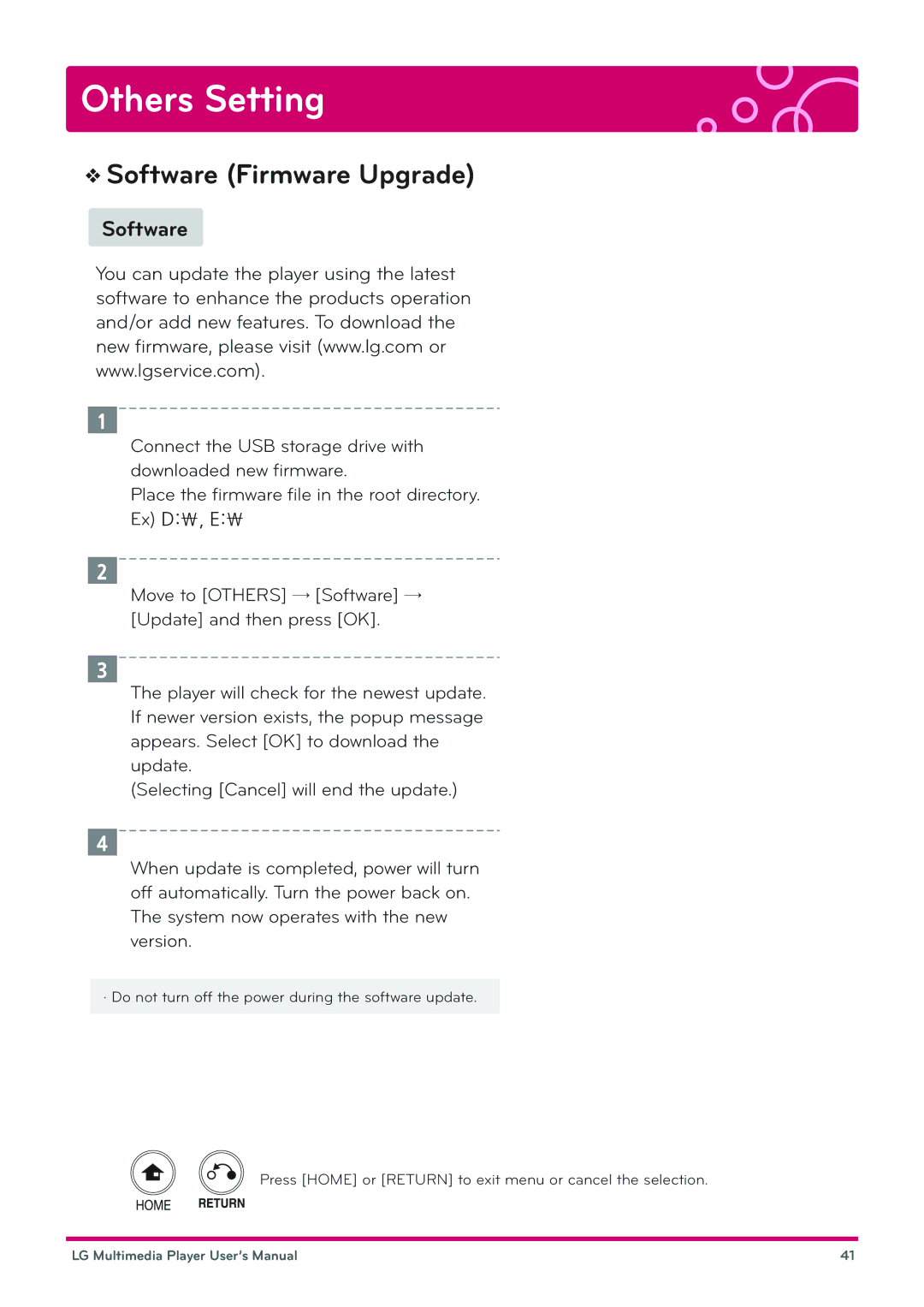 LG Electronics DP1W, DP1B user manual Software Firmware Upgrade 