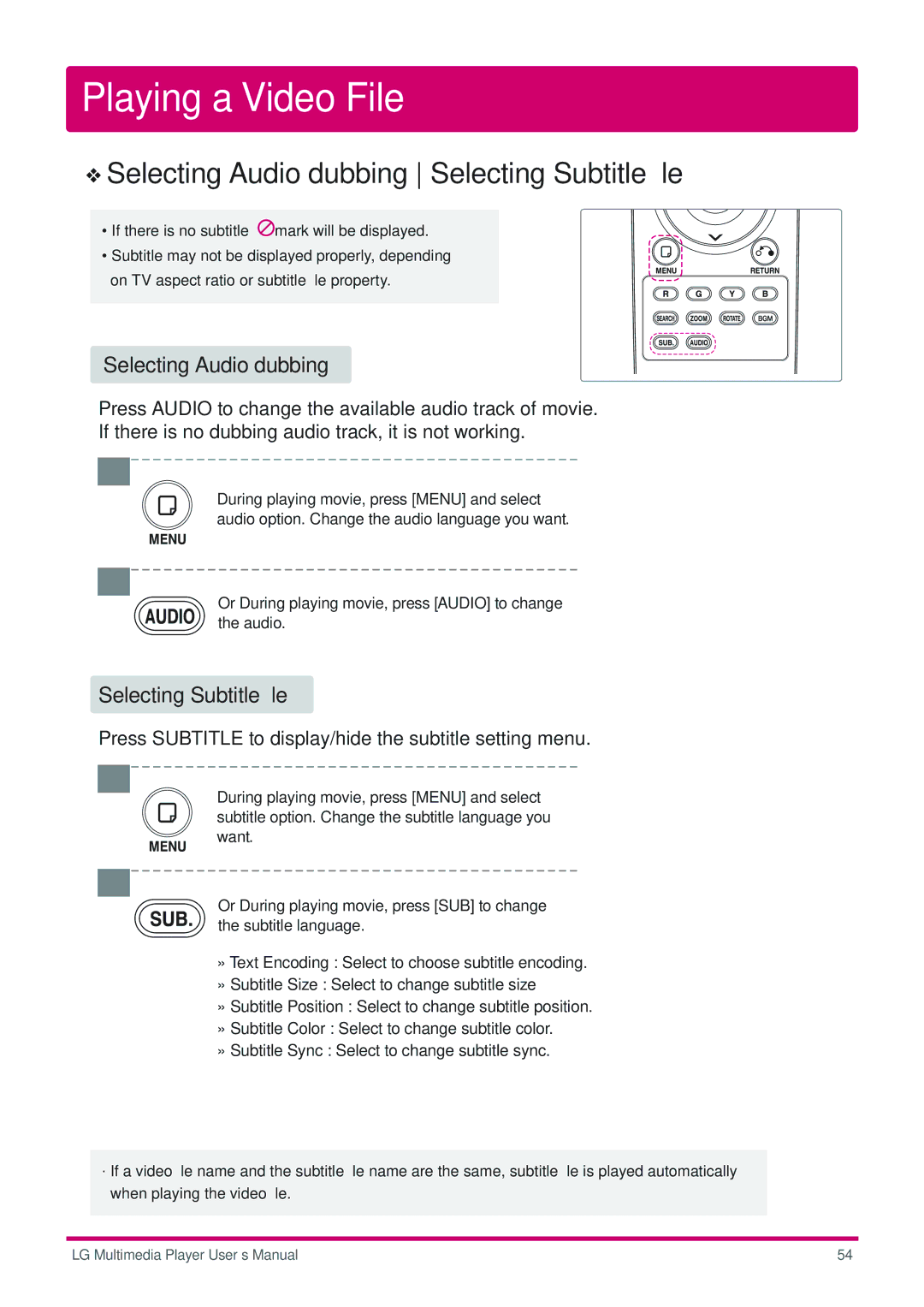 LG Electronics DP1B, DP1W user manual Selecting Audio dubbing Selecting Subtitle ﬁle 