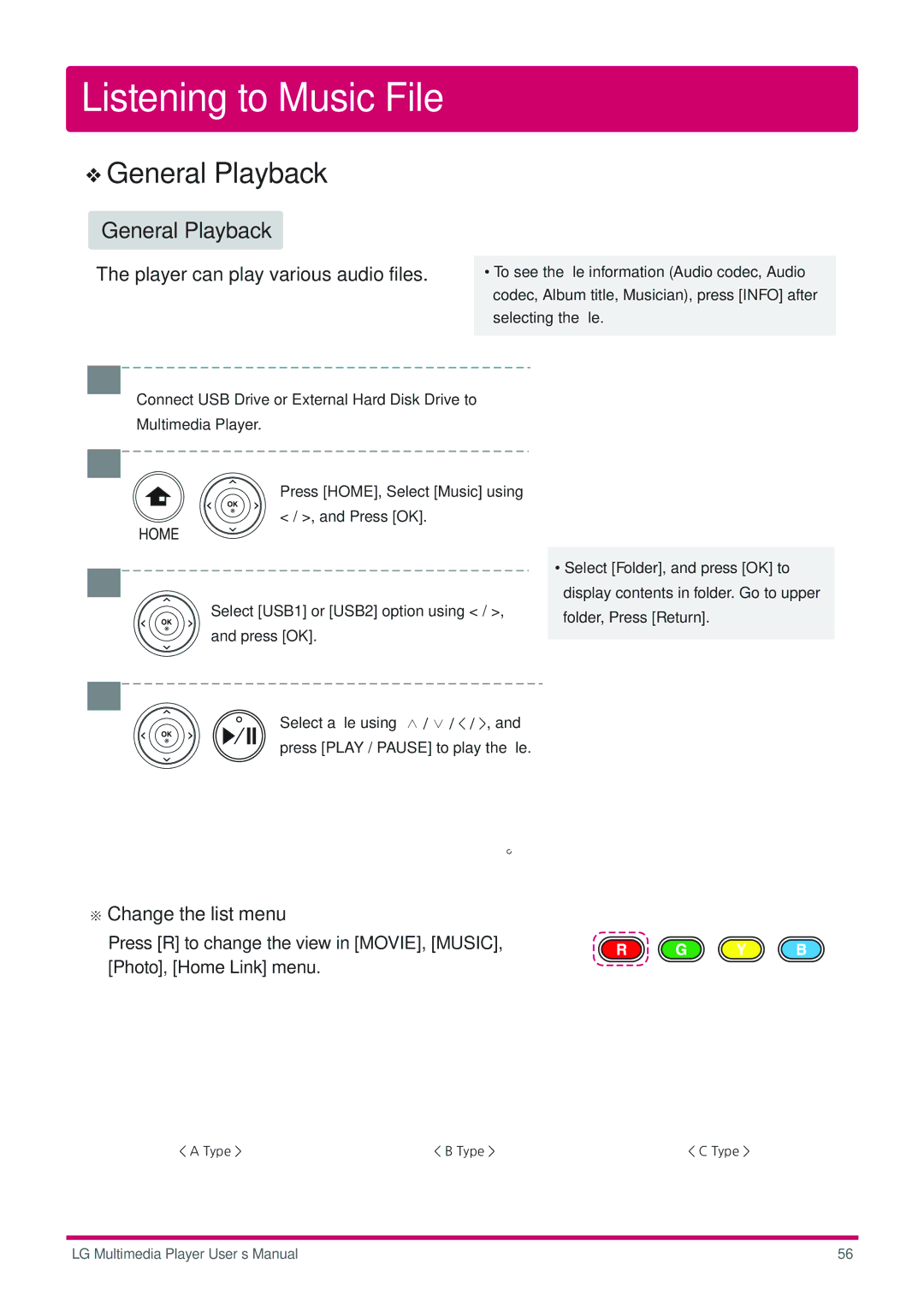 LG Electronics DP1B, DP1W user manual Listening to Music File, Player can play various audio files 