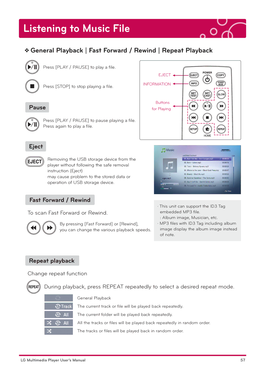 LG Electronics DP1W, DP1B user manual General Playback Fast Forward / Rewind Repeat Playback 