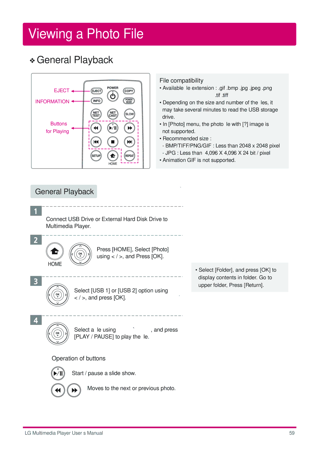 LG Electronics DP1W, DP1B user manual Viewing a Photo File, File compatibility, ※ Operation of buttons 