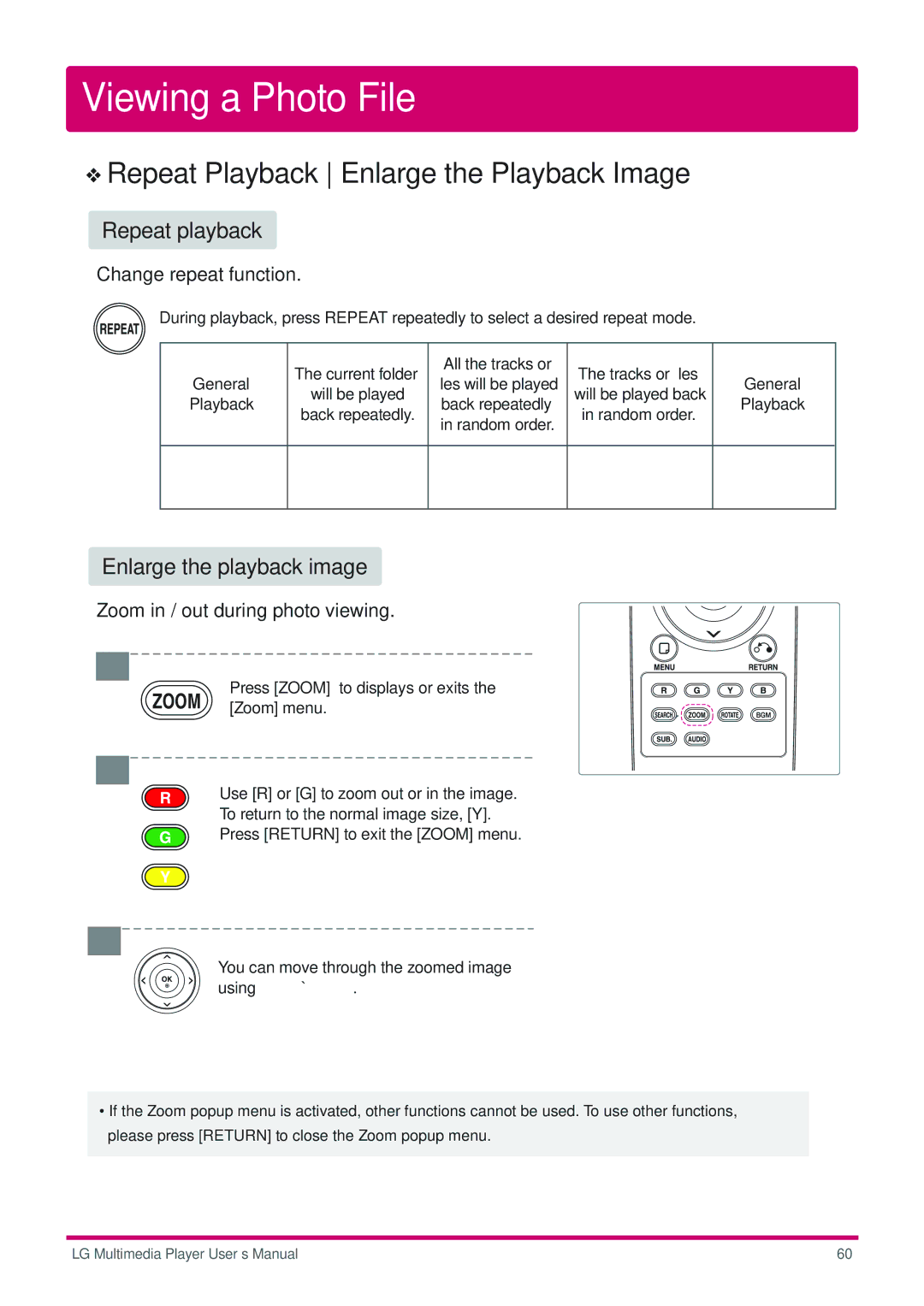 LG Electronics DP1B, DP1W user manual Repeat Playback Enlarge the Playback Image, Enlarge the playback image 