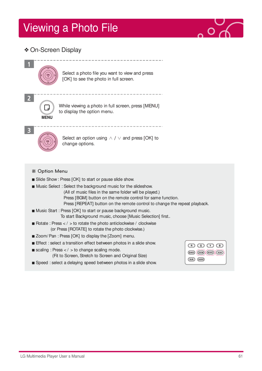 LG Electronics DP1W, DP1B user manual On-Screen Display, ※ Option Menu 