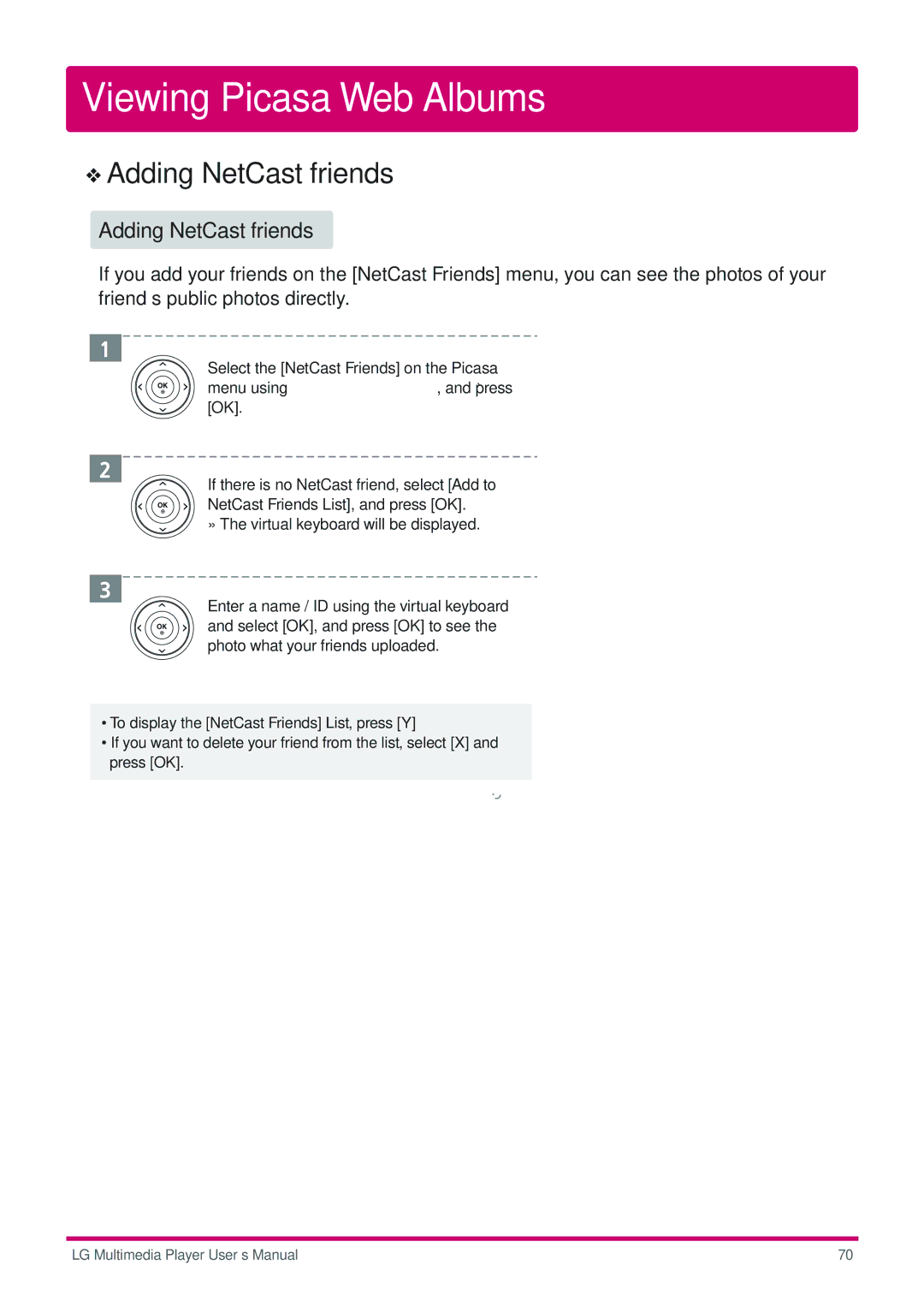 LG Electronics DP1B, DP1W user manual Adding NetCast friends 