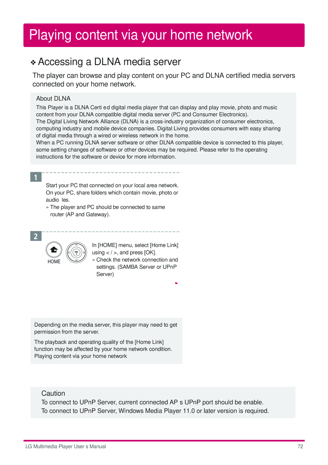 LG Electronics DP1B, DP1W user manual Playing content via your home network, Accessing a Dlna media server, About Dlna 