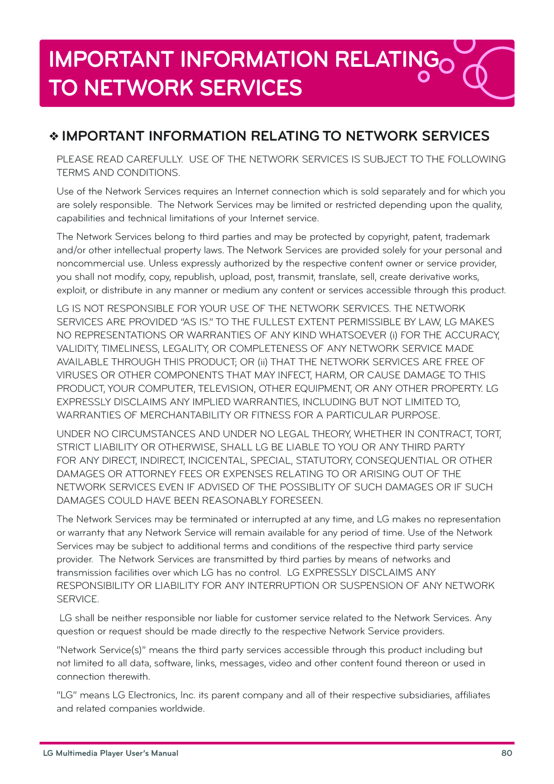 LG Electronics DP1B, DP1W user manual Important Information Relating to Network Services 