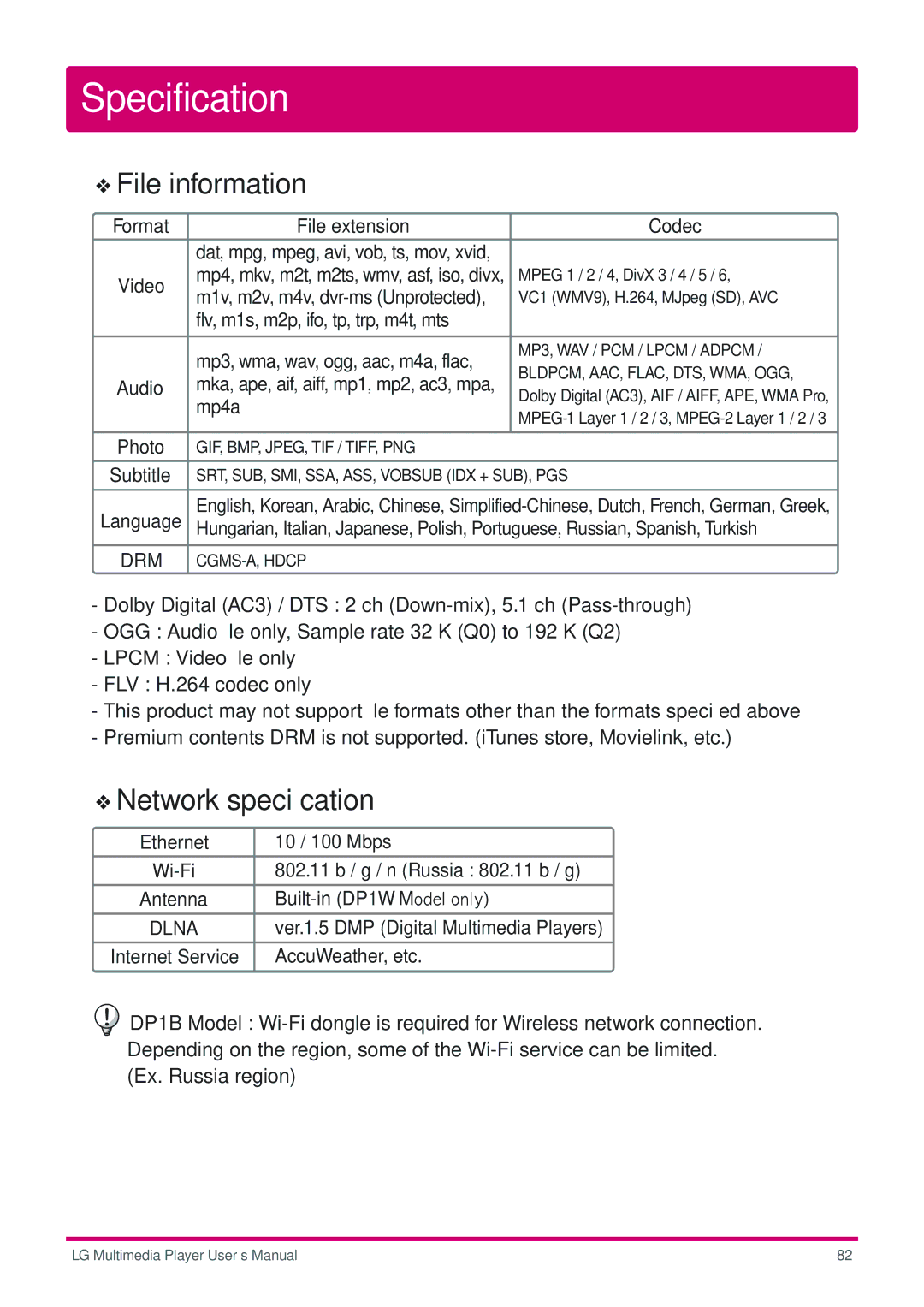 LG Electronics DP1B, DP1W user manual Specification, File information, Network speciﬁcation 