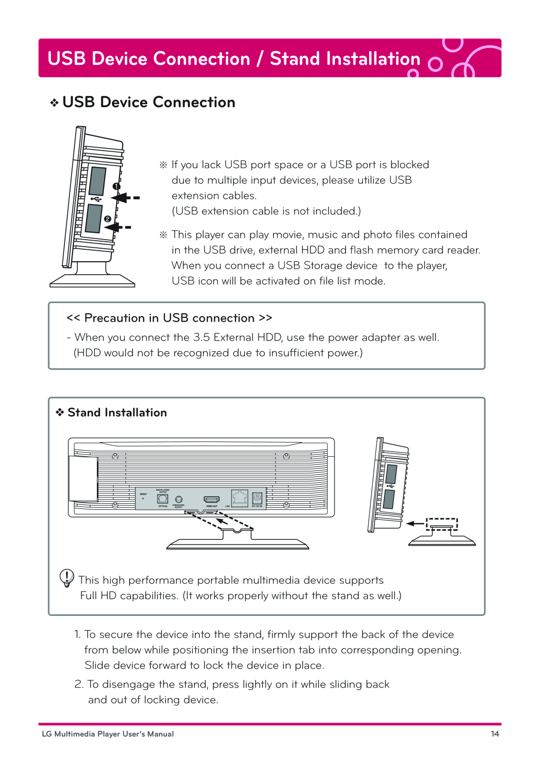 LG Electronics DP1B, DP1W user manual USB Device Connection / Stand Installation, << Precaution in USB connection >> 