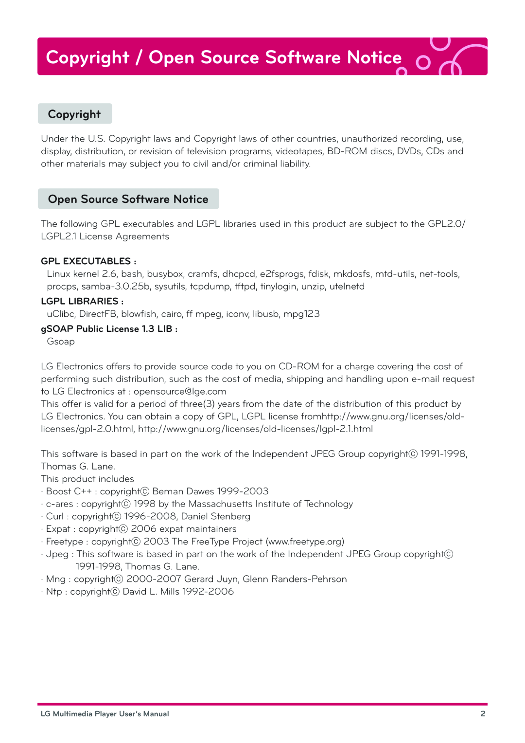 LG Electronics DP1B, DP1W user manual Copyright / Open Source Software Notice, Gpl Executables, Lgpl Libraries 