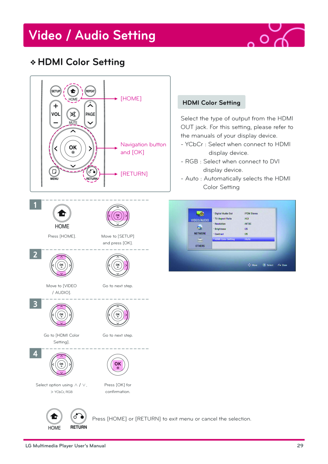 LG Electronics DP1W, DP1B user manual HDMI Color Setting, Video / Audio Setting 