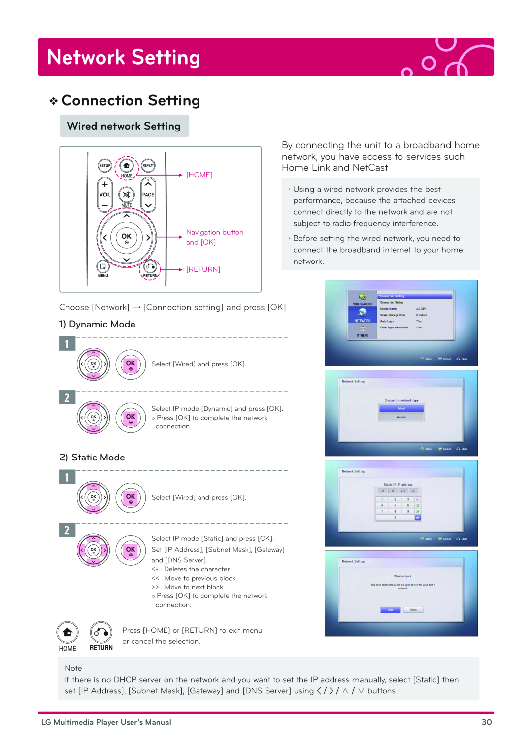 LG Electronics DP1B, DP1W user manual Network Setting, Connection Setting, LG Multimedia Player User’s Manual 