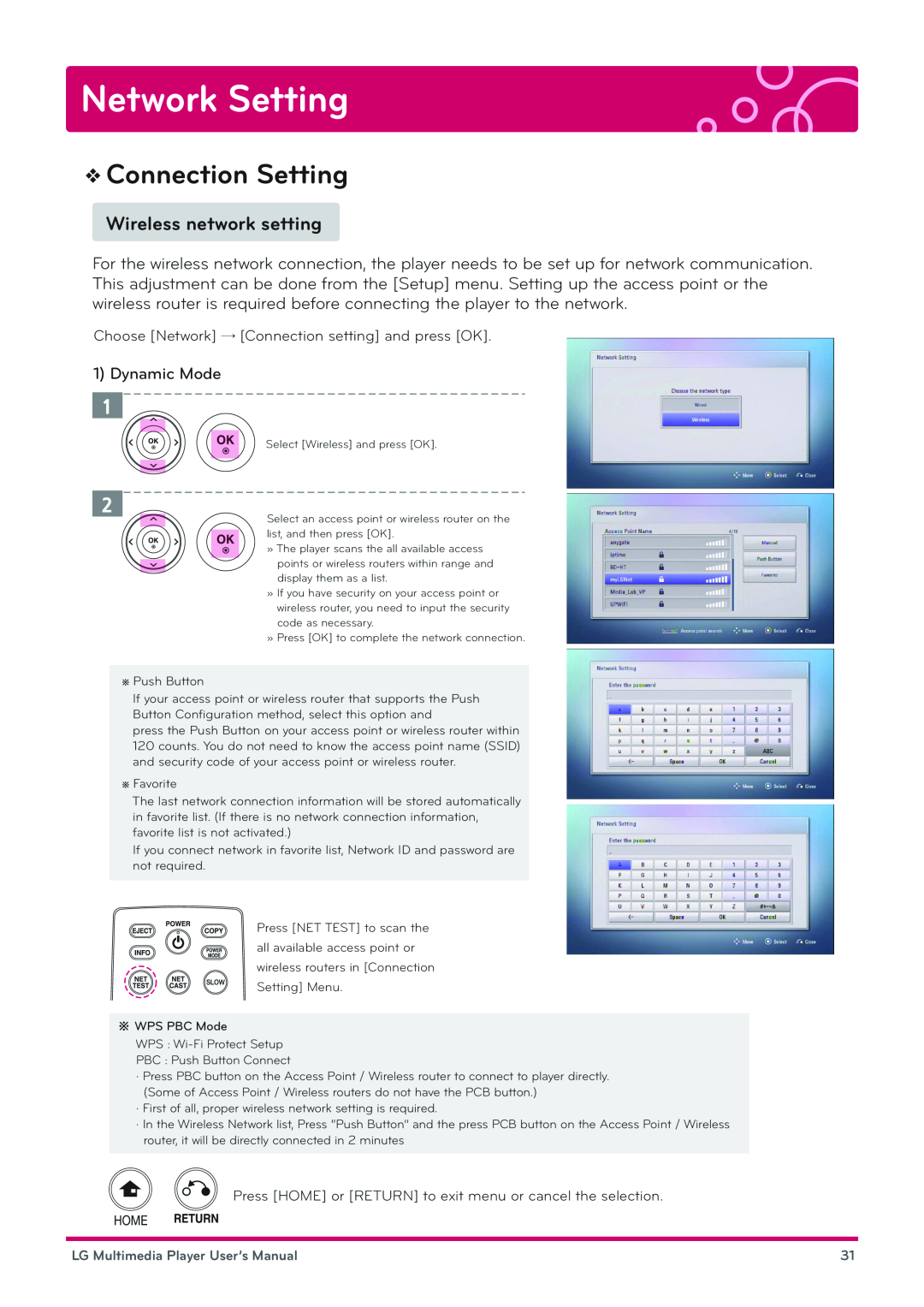 LG Electronics DP1W, DP1B user manual Network Setting, Connection Setting, Wireless network setting, Dynamic Mode 