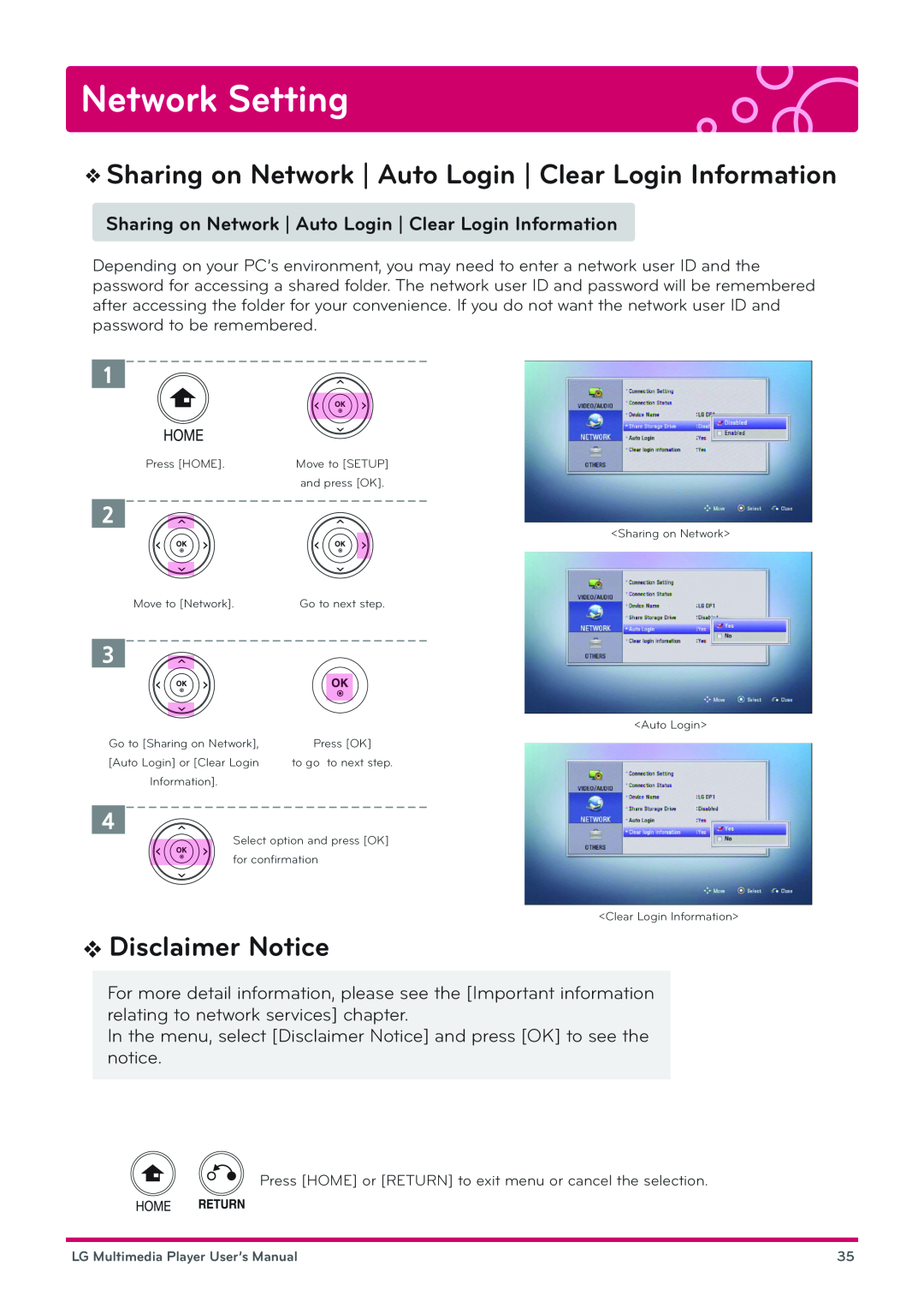 LG Electronics DP1W, DP1B user manual Disclaimer Notice, Network Setting, LG Multimedia Player User’s Manual 