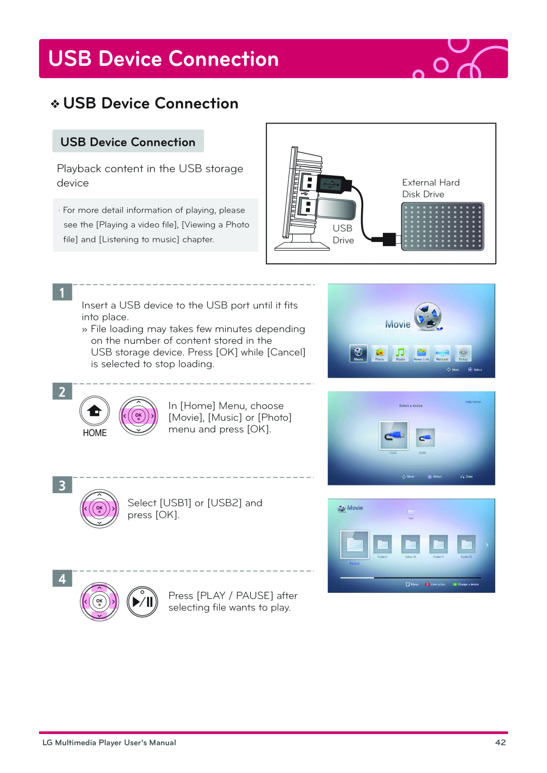 LG Electronics DP1B, DP1W user manual USB Device Connection, 2 3 4 