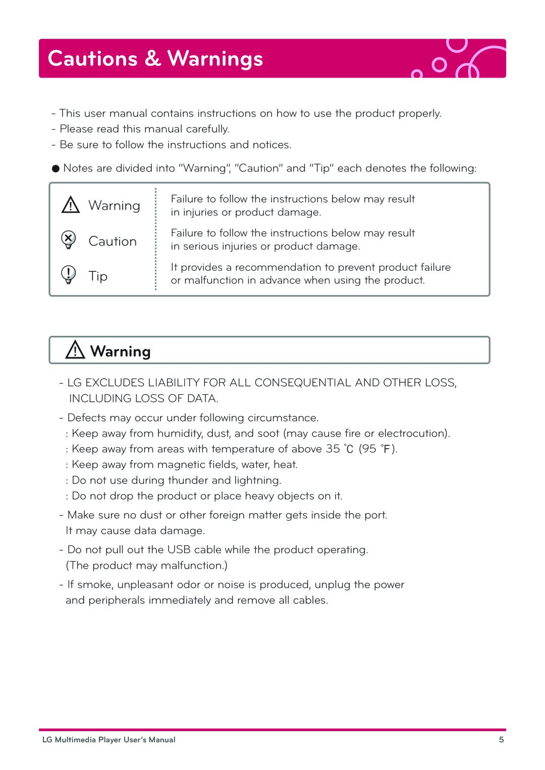 LG Electronics DP1W, DP1B user manual Cautions & Warnings 
