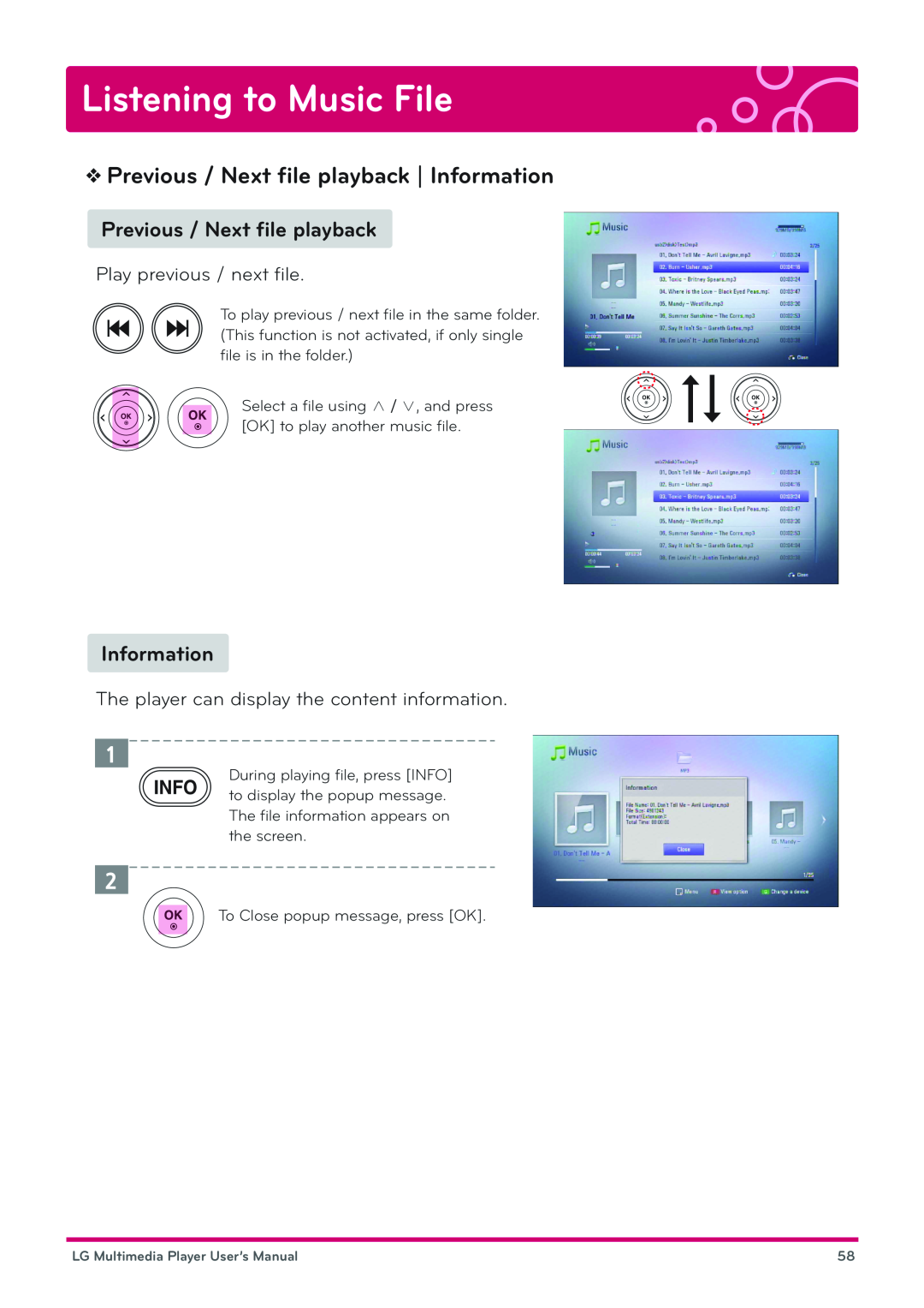 LG Electronics DP1B, DP1W user manual Previous / Next ﬁle playback | Information, Listening to Music File 