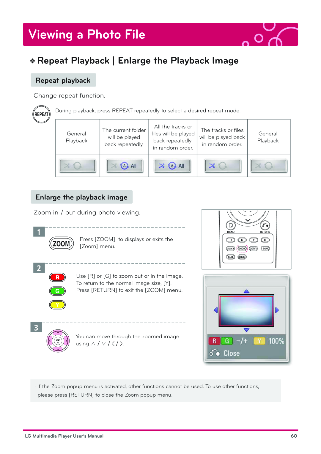 LG Electronics DP1B Repeat Playback | Enlarge the Playback Image, Enlarge the playback image, Viewing a Photo File, 1 2 3 