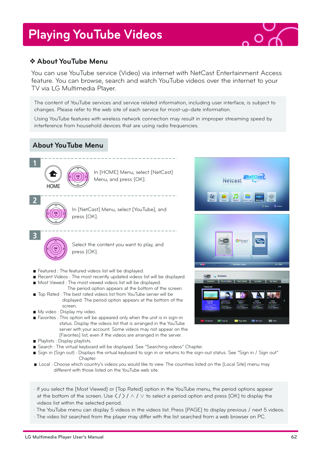 LG Electronics DP1B, DP1W user manual Playing YouTube Videos, About YouTube Menu 