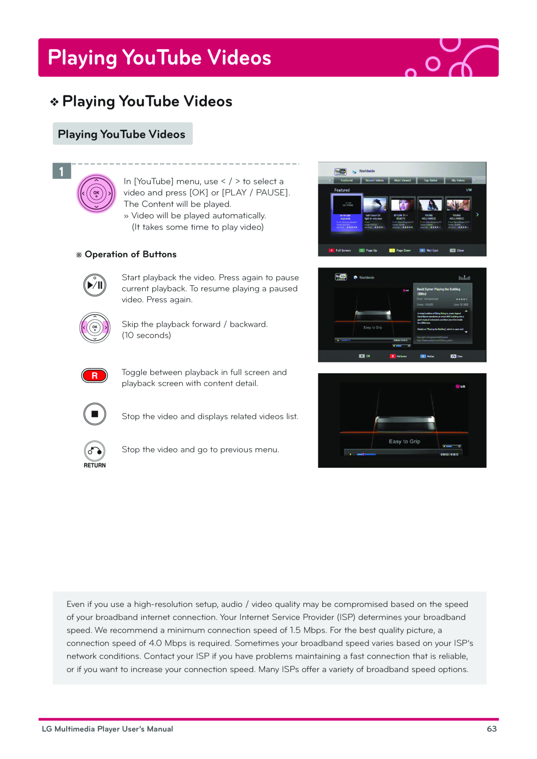 LG Electronics DP1W, DP1B user manual Playing YouTube Videos, ※Operation of Buttons 