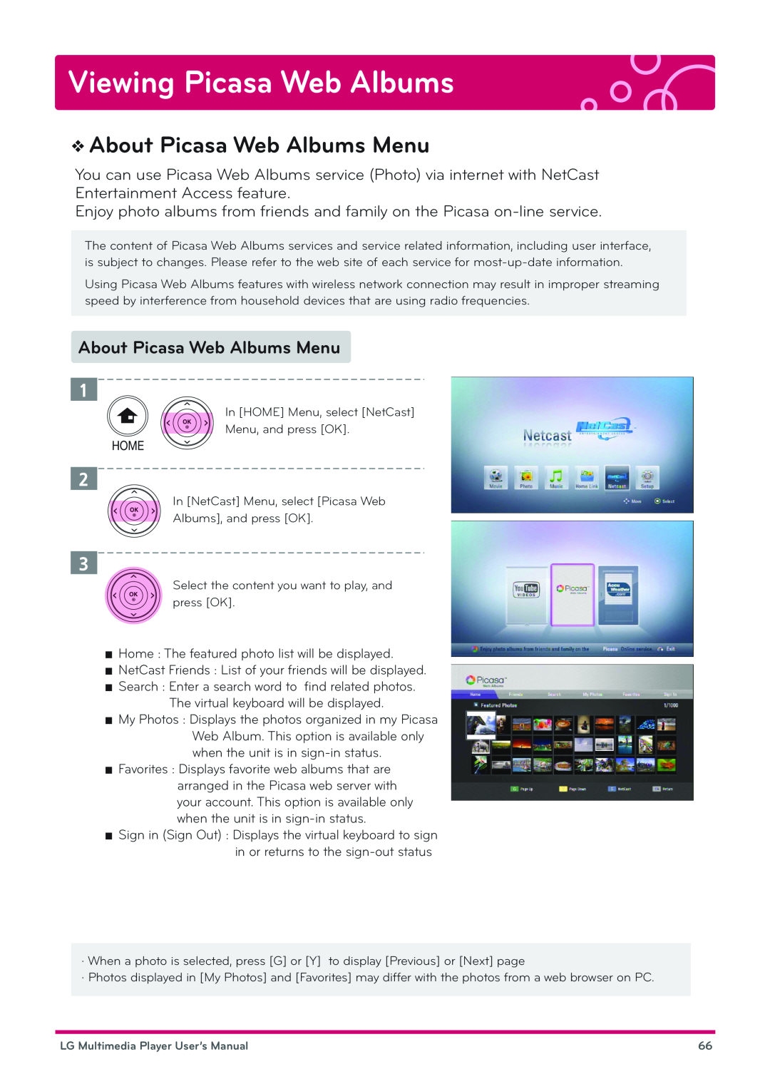 LG Electronics DP1B, DP1W user manual Viewing Picasa Web Albums, About Picasa Web Albums Menu 