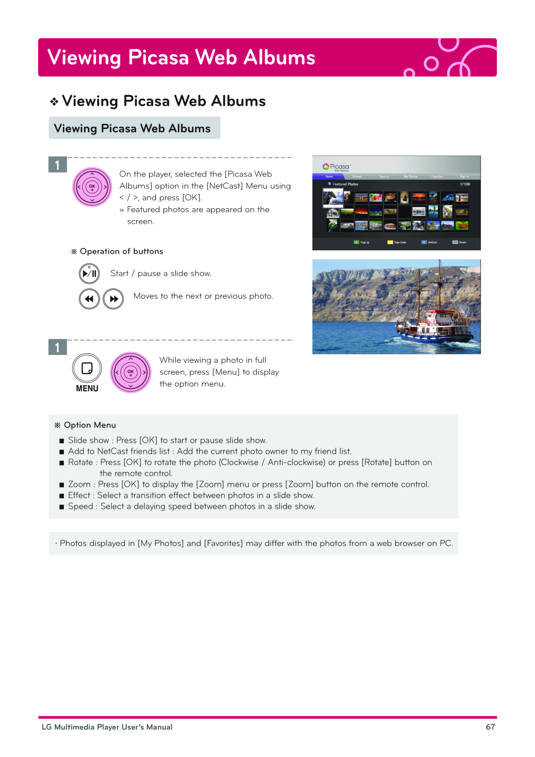 LG Electronics DP1W, DP1B user manual Viewing Picasa Web Albums 